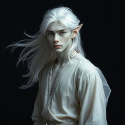 A captivating male elf with striking grey skin and flowing platinum hair, dressed in light, ethereal clothing that billows gently around him