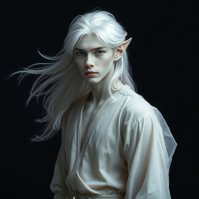 A captivating male elf with striking grey skin and flowing platinum hair, dressed in light, ethereal clothing that billows gently around him