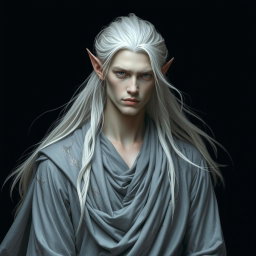 A mesmerizing male elf with stunning grey skin and flowing platinum hair, dressed in elegant grey clothing that drapes fluidly around him