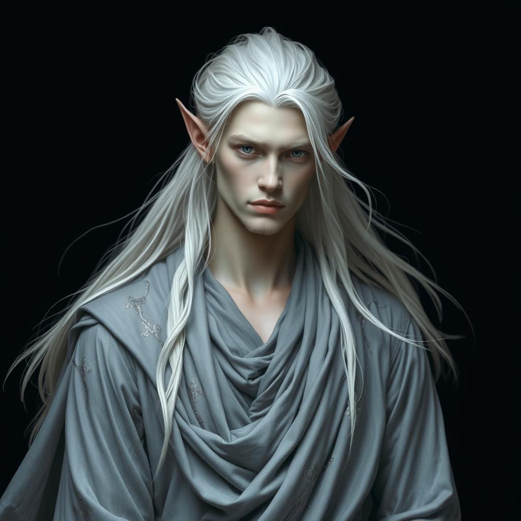 A mesmerizing male elf with stunning grey skin and flowing platinum hair, dressed in elegant grey clothing that drapes fluidly around him