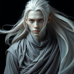 A mesmerizing male elf with stunning grey skin and flowing platinum hair, dressed in elegant grey clothing that drapes fluidly around him
