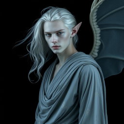 A mesmerizing male elf with stunning grey skin and flowing platinum hair, dressed in elegant grey clothing that drapes fluidly around him