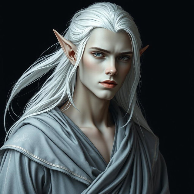 A mesmerizing male elf with stunning grey skin and flowing platinum hair, dressed in elegant grey clothing that drapes fluidly around him