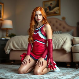 A beautiful skinny redheaded girl wearing a skin-tight shiny lycra cheerleader outfit that accentuates her figure and features vibrant colors