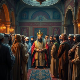 A historic gathering depicting Khosrow Parviz, the majestic King of Iran, in an opulent palace setting