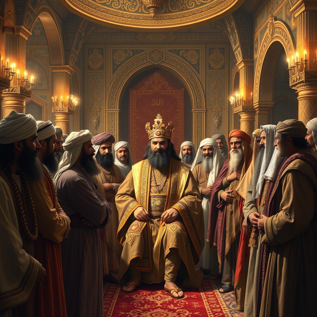 A historic gathering depicting Khosrow Parviz, the majestic King of Iran, in an opulent palace setting