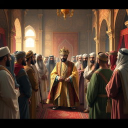 A historic gathering depicting Khosrow Parviz, the majestic King of Iran, in an opulent palace setting
