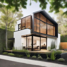 A front view exterior of a Scandinavian industrial style house incorporating bamboo elements. This design showcases sharp, minimalist lines, white walls, dark metal frames, and large windows. Bamboo is expertly integrated into fences, accent features, and planters, mediating between the lush, natural landscape and the house.