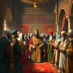 A historic gathering depicting Khosrow Parviz, the majestic King of Iran, in an opulent palace setting