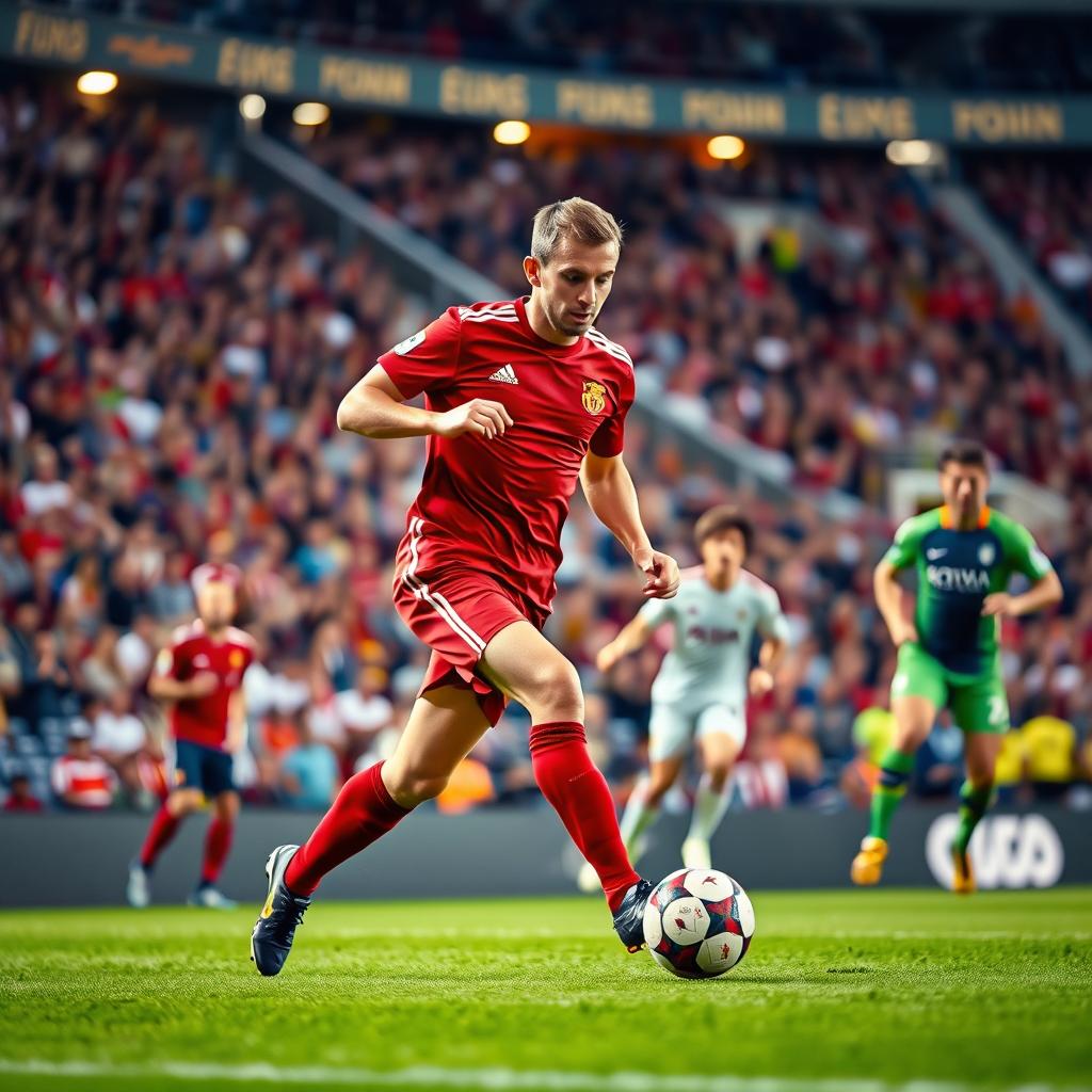 A dynamic soccer match scene in a stadium filled with enthusiastic fans