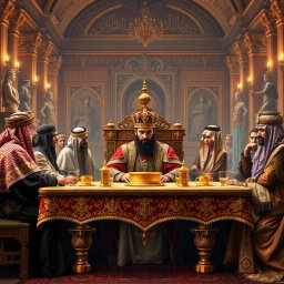 A historic and grand assembly showcasing Khosrow Parviz, the illustrious King of Iran, seated at the head of a magnificent table adorned with lavish decorations
