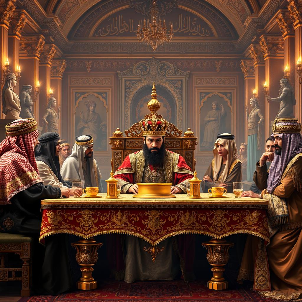 A historic and grand assembly showcasing Khosrow Parviz, the illustrious King of Iran, seated at the head of a magnificent table adorned with lavish decorations
