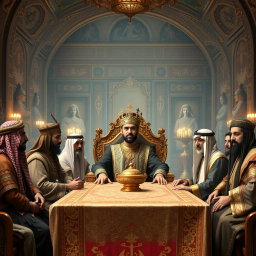 A historic and grand assembly showcasing Khosrow Parviz, the illustrious King of Iran, seated at the head of a magnificent table adorned with lavish decorations