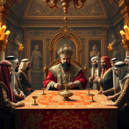 A historic and grand assembly showcasing Khosrow Parviz, the illustrious King of Iran, seated at the head of a magnificent table adorned with lavish decorations