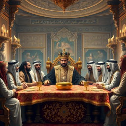 A historic and grand assembly showcasing Khosrow Parviz, the illustrious King of Iran, seated at the head of a magnificent table adorned with lavish decorations