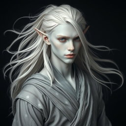 A mesmerizing male elf with striking grey skin and flowing platinum hair, adorned in elegant grey clothing that fits him gracefully and reflects a mystical elegance