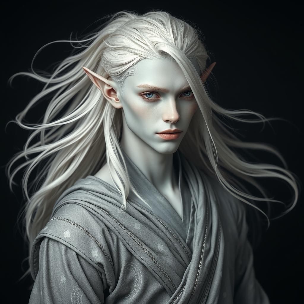 A mesmerizing male elf with striking grey skin and flowing platinum hair, adorned in elegant grey clothing that fits him gracefully and reflects a mystical elegance