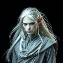 A mesmerizing male elf with striking grey skin and flowing platinum hair, adorned in elegant grey clothing that fits him gracefully and reflects a mystical elegance