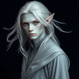 A mesmerizing male elf with striking grey skin and flowing platinum hair, adorned in elegant grey clothing that fits him gracefully and reflects a mystical elegance