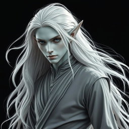 A mesmerizing male elf with striking grey skin and flowing platinum hair, adorned in elegant grey clothing that fits him gracefully and reflects a mystical elegance