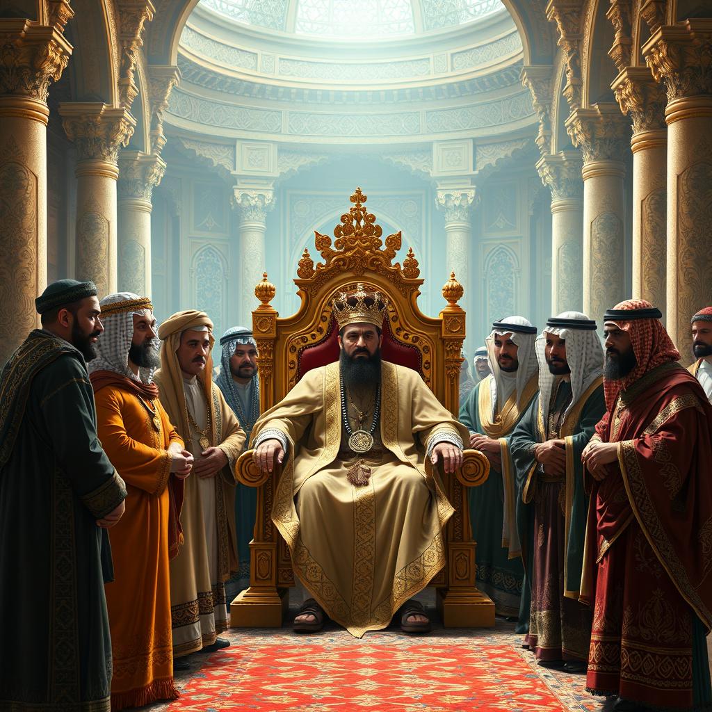 An artistic portrayal of several Arabs gathered in the presence of Khosrow Parviz, the illustrious King of Iran