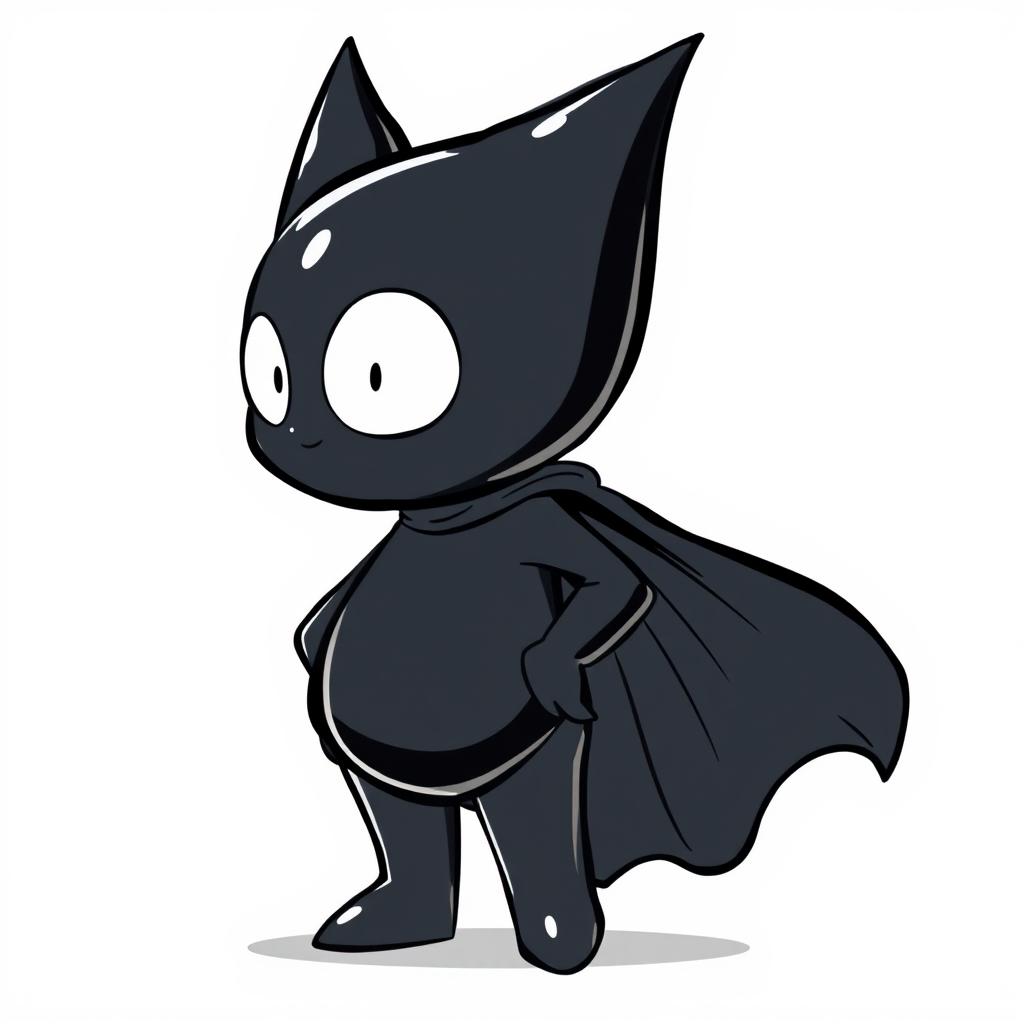 A black, teardrop-shaped character with large, pointed ears and round white eyes, reminiscent of Astro Boy in proportions