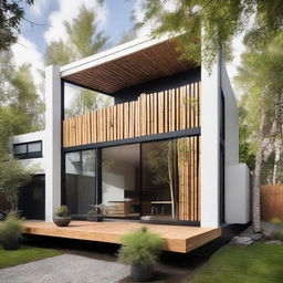 A front view exterior of a Scandinavian industrial style house incorporating bamboo elements. This design showcases sharp, minimalist lines, white walls, dark metal frames, and large windows. Bamboo is expertly integrated into fences, accent features, and planters, mediating between the lush, natural landscape and the house.