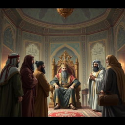 An evocative scene illustrating several Arabs serving as informants to Khosrow Parviz, the King of Iran, within a richly decorated royal chamber