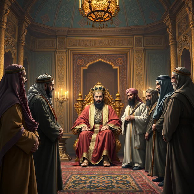 An evocative scene illustrating several Arabs serving as informants to Khosrow Parviz, the King of Iran, within a richly decorated royal chamber