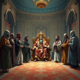 An evocative scene illustrating several Arabs serving as informants to Khosrow Parviz, the King of Iran, within a richly decorated royal chamber