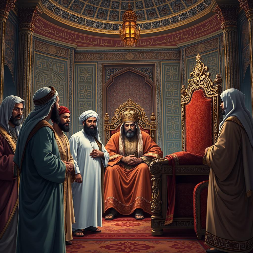An evocative scene illustrating several Arabs serving as informants to Khosrow Parviz, the King of Iran, within a richly decorated royal chamber