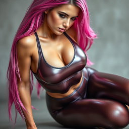 A beautiful skinny pink-haired girl wearing skin-tight shiny lycra sports bra and leggings that accentuate her figure, kneeling submissively with an alluring expression