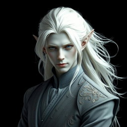 A striking male elf with distinctive grey skin and flowing platinum hair, elegantly dressed in finely tailored grey clothing that complements his appearance