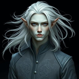 A striking male elf with distinctive grey skin and flowing platinum hair, elegantly dressed in finely tailored grey clothing that complements his appearance