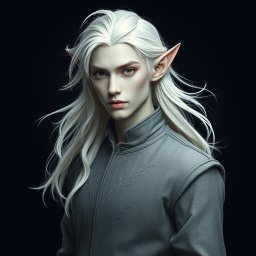 A striking male elf with distinctive grey skin and flowing platinum hair, elegantly dressed in finely tailored grey clothing that complements his appearance