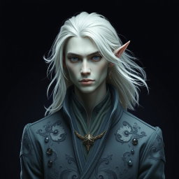 A striking male elf with distinctive grey skin and flowing platinum hair, elegantly dressed in finely tailored grey clothing that complements his appearance