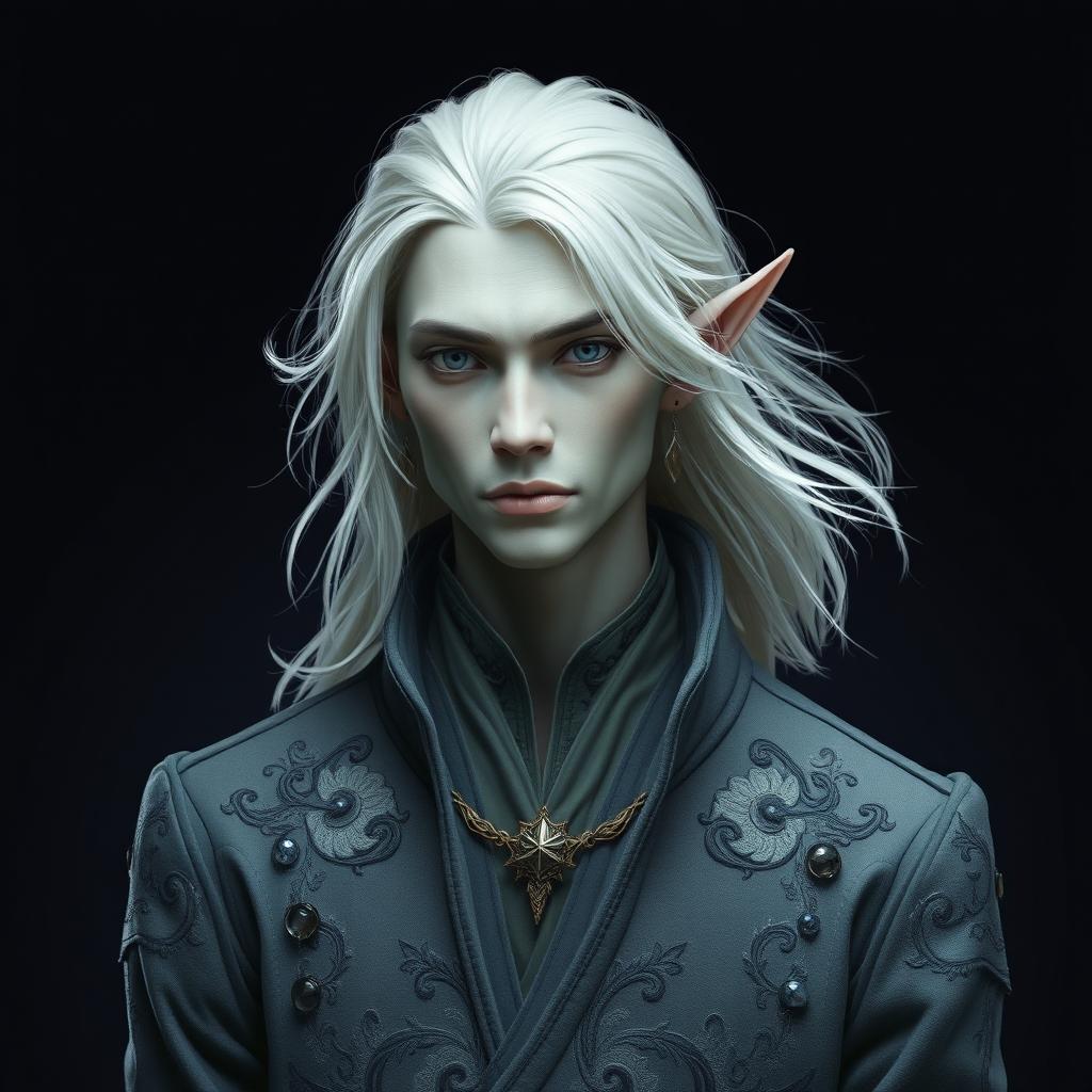 A striking male elf with distinctive grey skin and flowing platinum hair, elegantly dressed in finely tailored grey clothing that complements his appearance