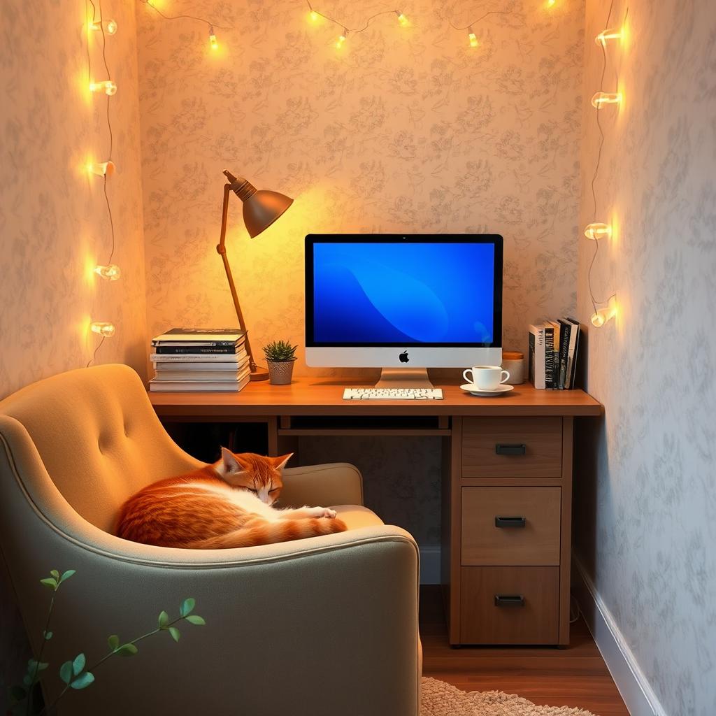 A cozy nook featuring a comfortable reading chair and a small wooden desk with a sleek computer