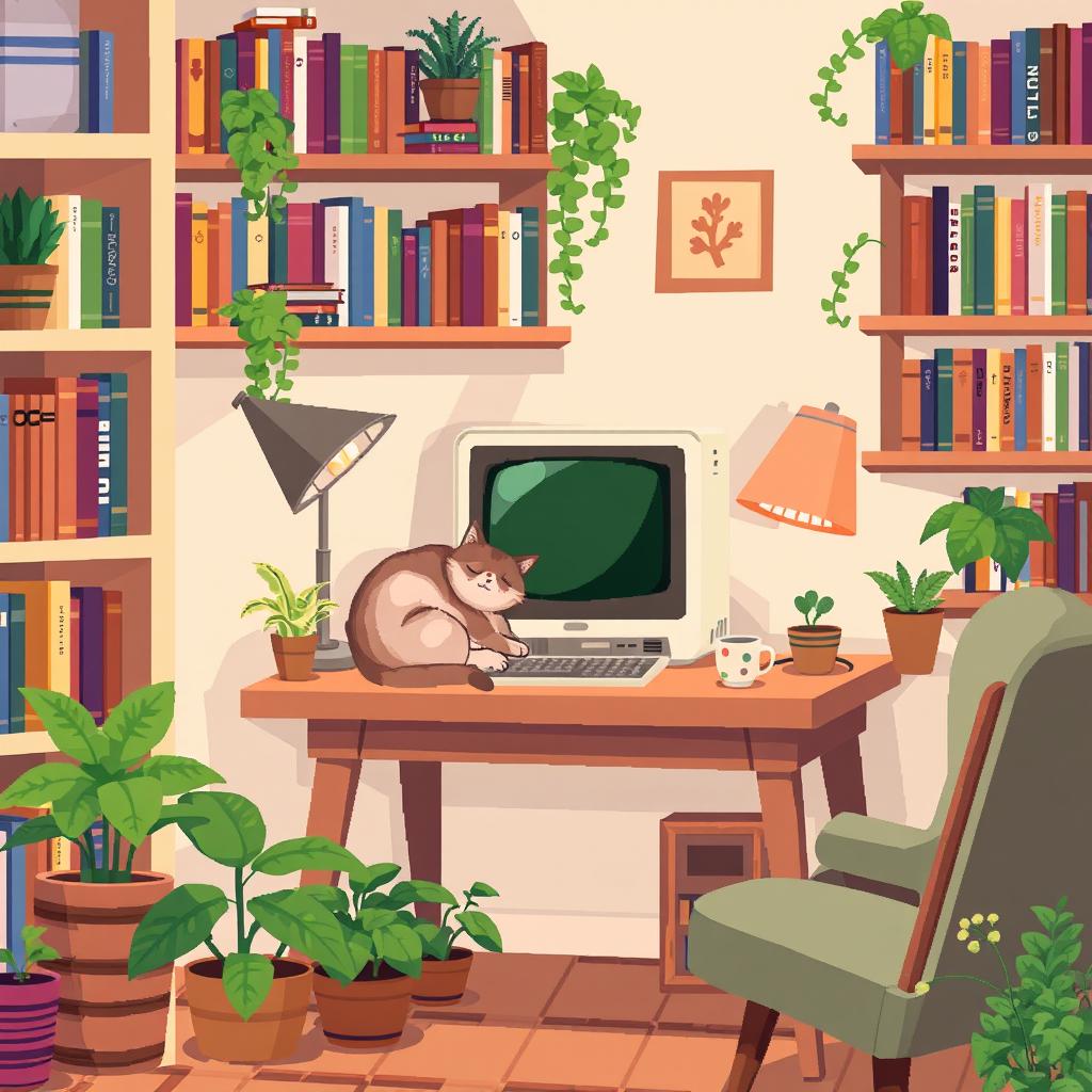 A cozy nook scene featuring a small wooden desk with a vintage computer on it, surrounded by bookshelves filled with colorful books