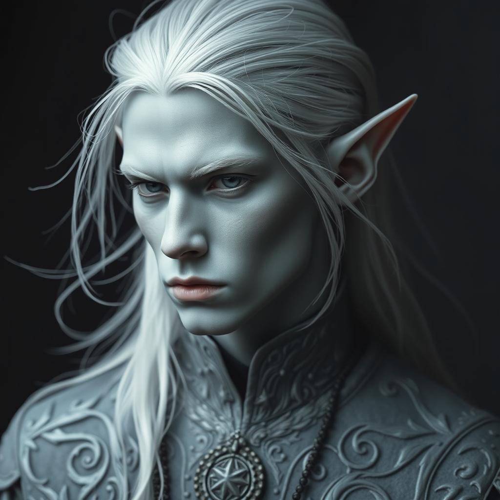 An elf man with striking grey skin and flowing platinum hair, adorned in intricate grey clothing that blends seamlessly with a dark, moody background