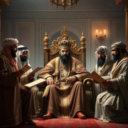 A dramatic historical scene depicting several Arabs serving as informants to Khosrow Parviz, the King of Iran, in a richly decorated Persian palace
