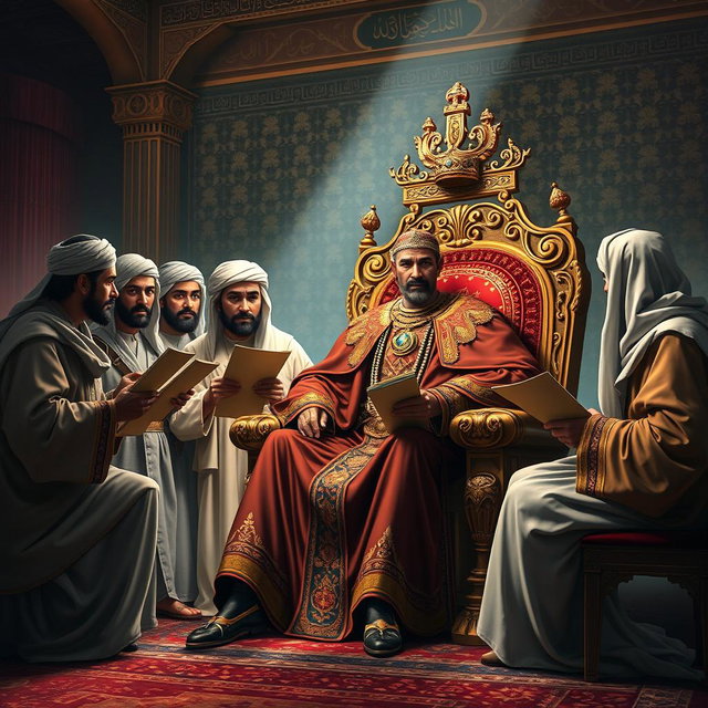 A dramatic historical scene depicting several Arabs serving as informants to Khosrow Parviz, the King of Iran, in a richly decorated Persian palace