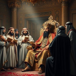 A dramatic historical scene depicting several Arabs serving as informants to Khosrow Parviz, the King of Iran, in a richly decorated Persian palace