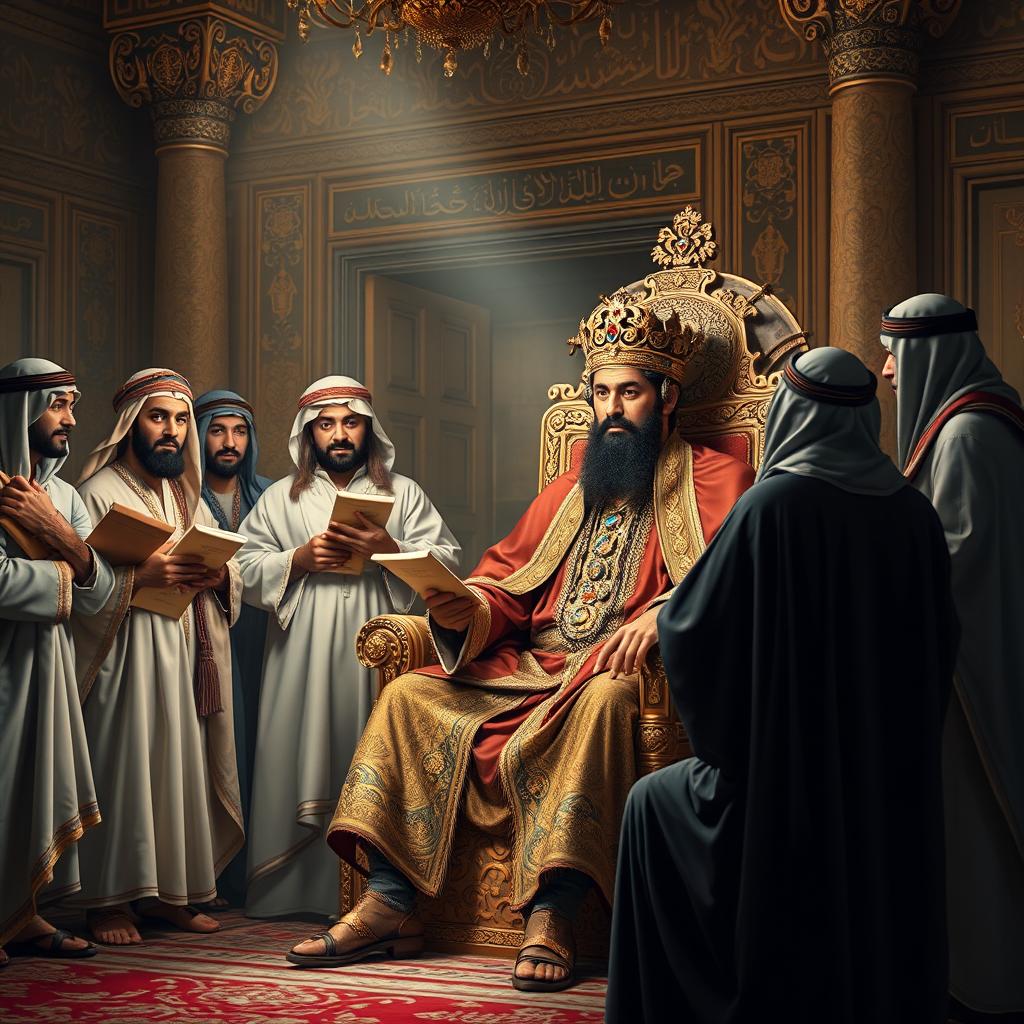 A dramatic historical scene depicting several Arabs serving as informants to Khosrow Parviz, the King of Iran, in a richly decorated Persian palace