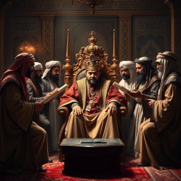 A dramatic historical scene depicting several Arabs serving as informants to Khosrow Parviz, the King of Iran, in a richly decorated Persian palace