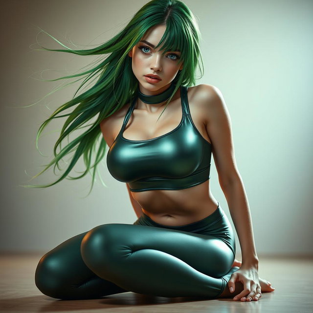 A beautiful skinny girl with flowing green hair, wearing a skin-tight shiny lycra sports bra and leggings that accentuate her figure, kneeling gracefully in a submissive pose