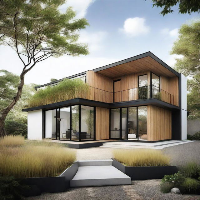 A front view exterior of a Scandinavian industrial style house incorporating bamboo elements. This design showcases sharp, minimalist lines, white walls, dark metal frames, and large windows. Bamboo is expertly integrated into fences, accent features, and planters, mediating between the lush, natural landscape and the house.