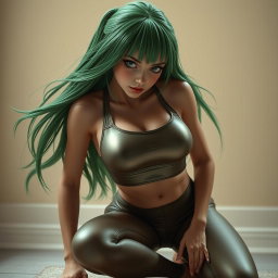 A beautiful skinny girl with flowing green hair, wearing a skin-tight shiny lycra sports bra and leggings that accentuate her figure, kneeling gracefully in a submissive pose
