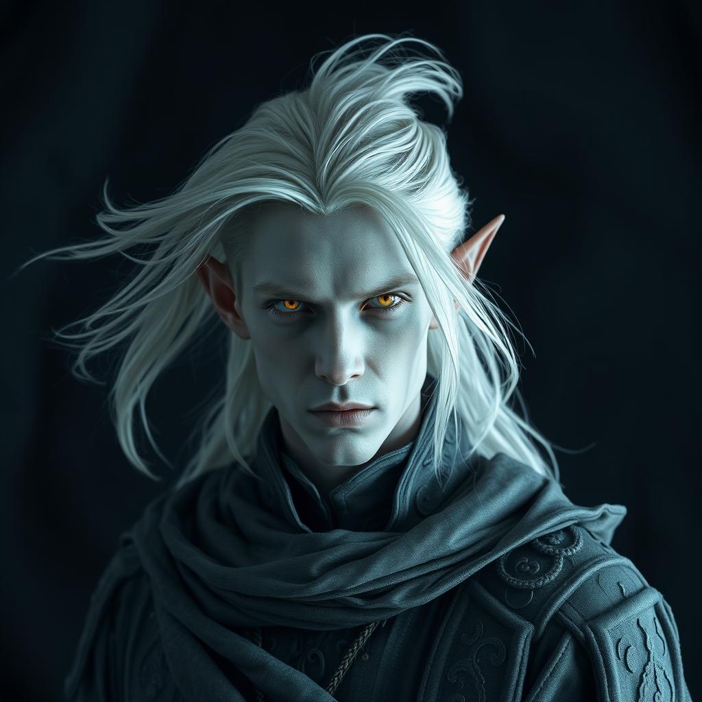 An elf man with unique grey skin and flowing platinum hair, dressed in elaborate grey attire that elegantly blends with a dark, atmospheric background