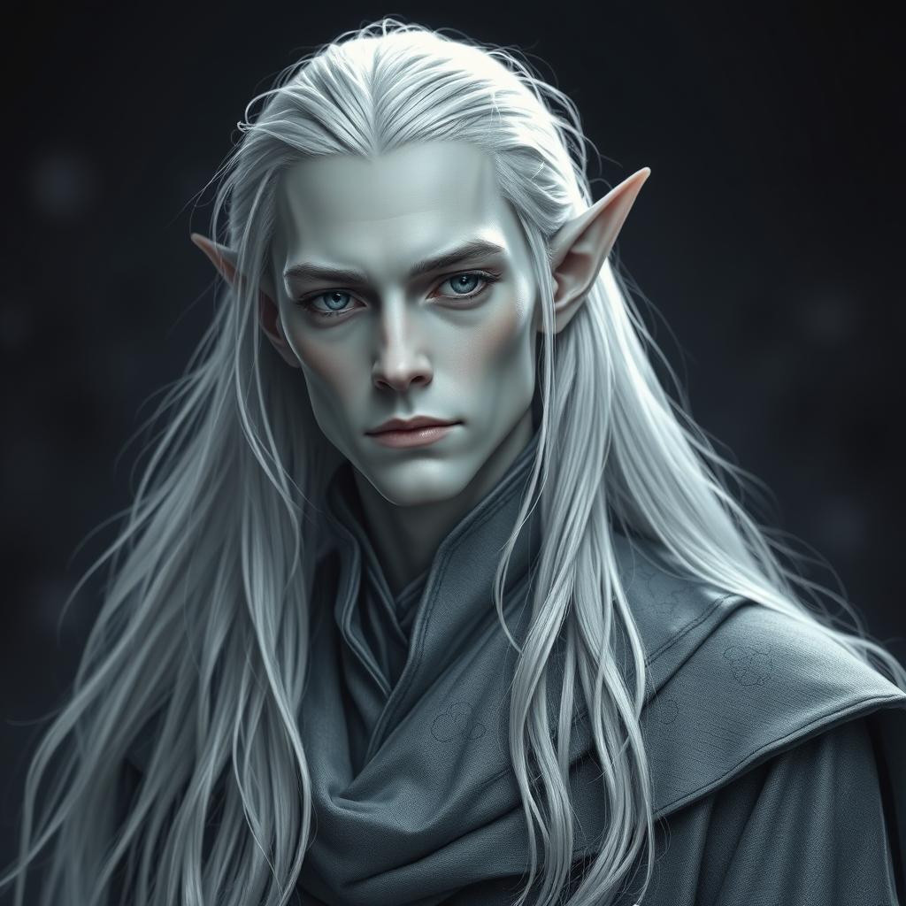 A captivating elf man with smooth grey skin and long, flowing platinum hair, dressed in stylish grey garments that beautifully match a dark and atmospheric background
